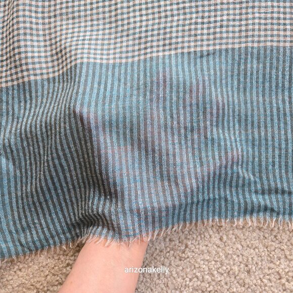 Wool Scarf Lightweight Checks Stripes Green Tan White - Picture 3 of 14